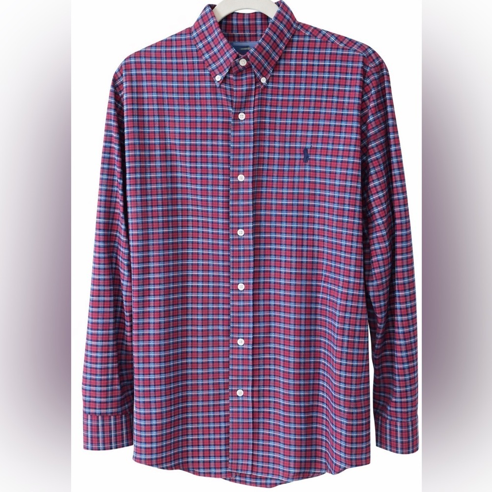 Polo Ralph Lauren Plaid Button Down Shirt Mens M Red Blue Classic Fit Cotton